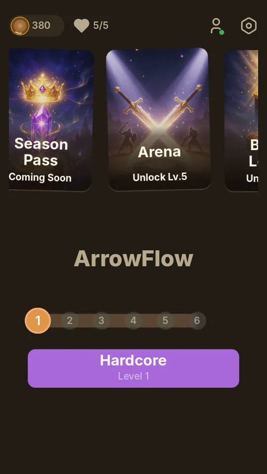 ArrowFlow home screen in Dark Mode, showing coins, hearts, and the Hardcore level track