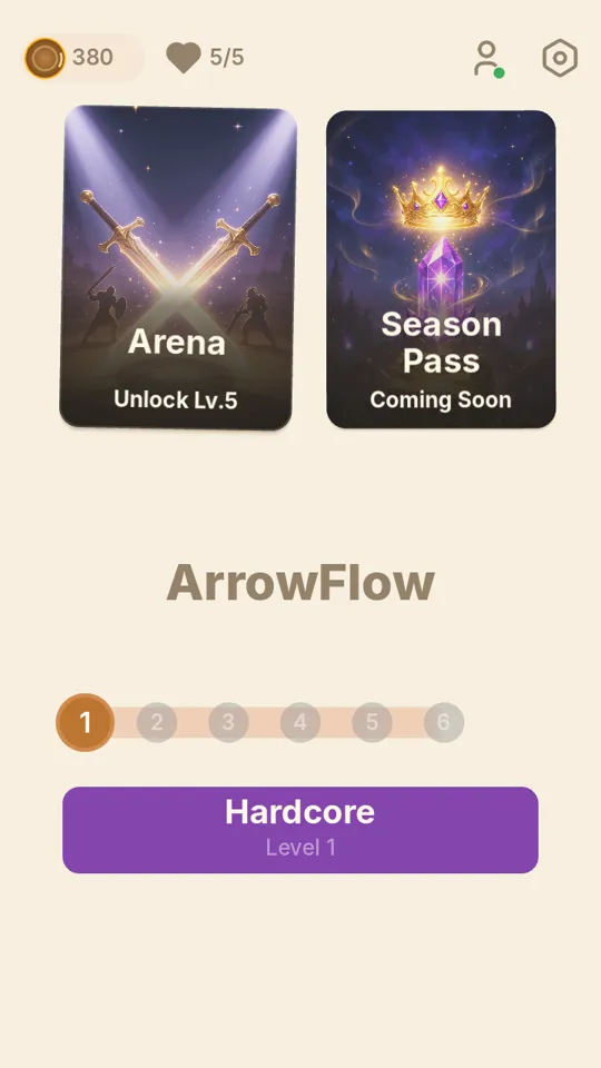 ArrowFlow home screen in Light Mode, showing coins, hearts, and the Hardcore level track