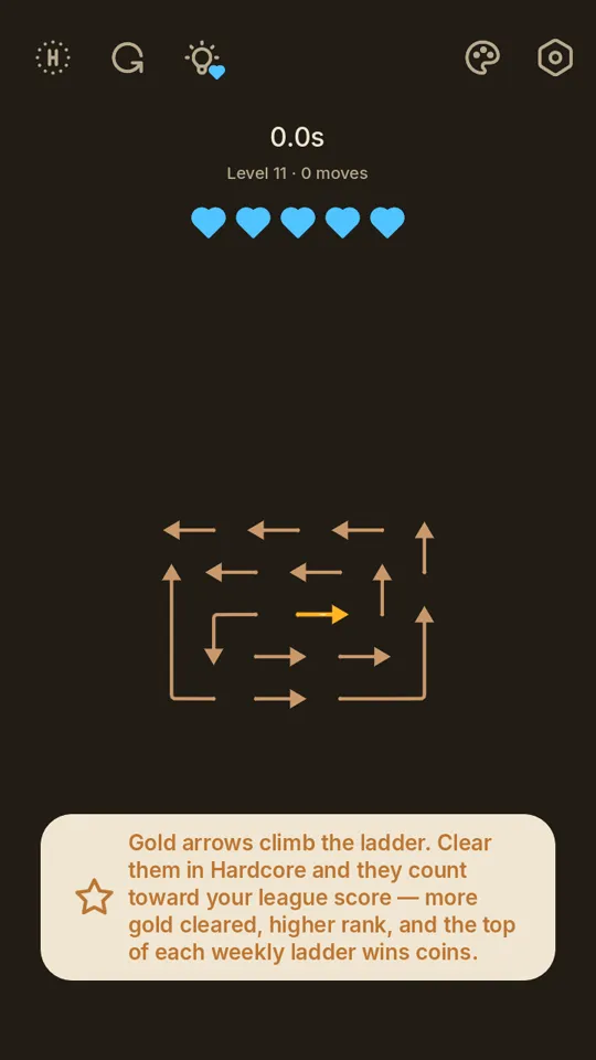 First-time explainer callout for gold arrows on a Hardcore board