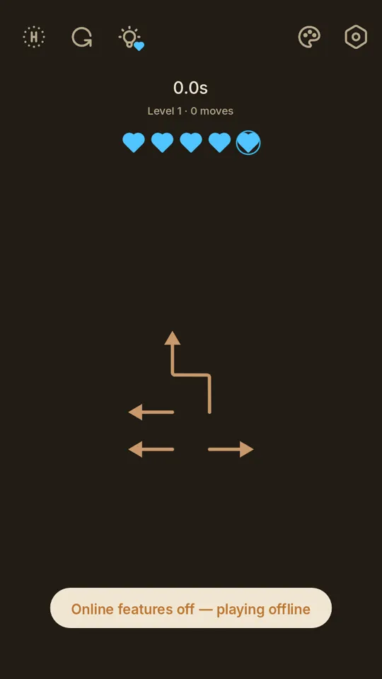 In-level hearts bar showing four hearts and one shield, playing offline