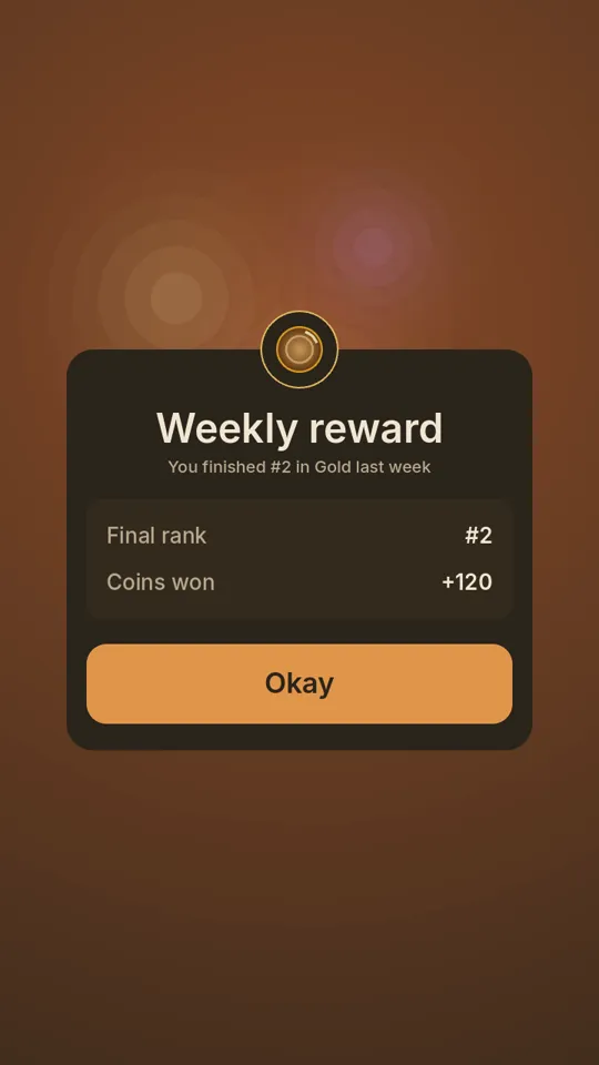 Weekly League reward card showing a number 2 Gold finish and coins won