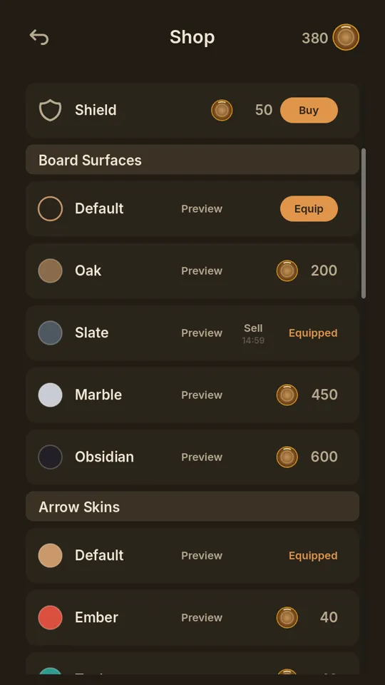The Vault shop screen listing board surfaces with coin prices
