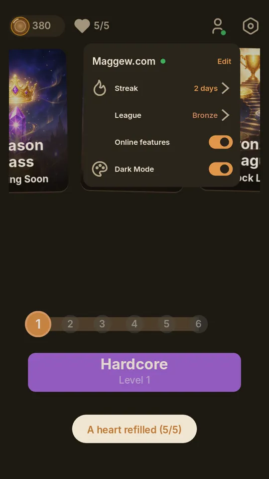 Profile popup showing streak, League tier, and account toggles
