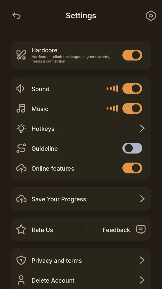 Settings screen with Hardcore, Sound, Music, and other toggles